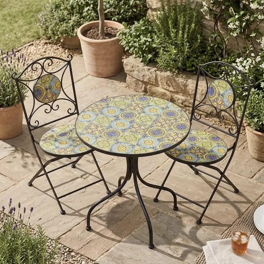 Original foreign trade order, European garden table and chair set, cement mosaic round table folding chair, courtyard
