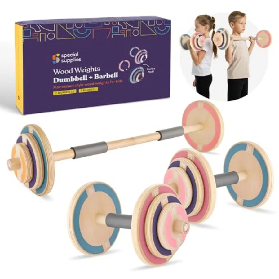 

Wooden Workout Play Weights Set - Adjustable Dumbbells and Barbell Set for Home Gym Equipment Exercise Workout Set for School o