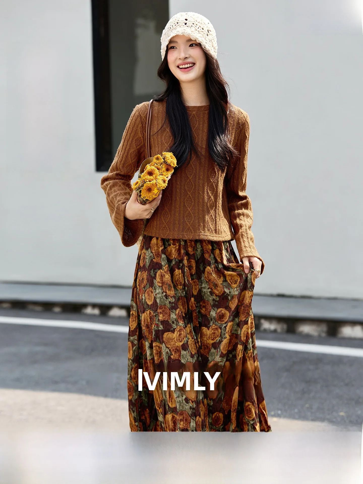 

Ce Au Lait Knitted Set for Women with Flared Sves And Pleated Floral Skirt Two Piece Ele Faion Autumn Outfit