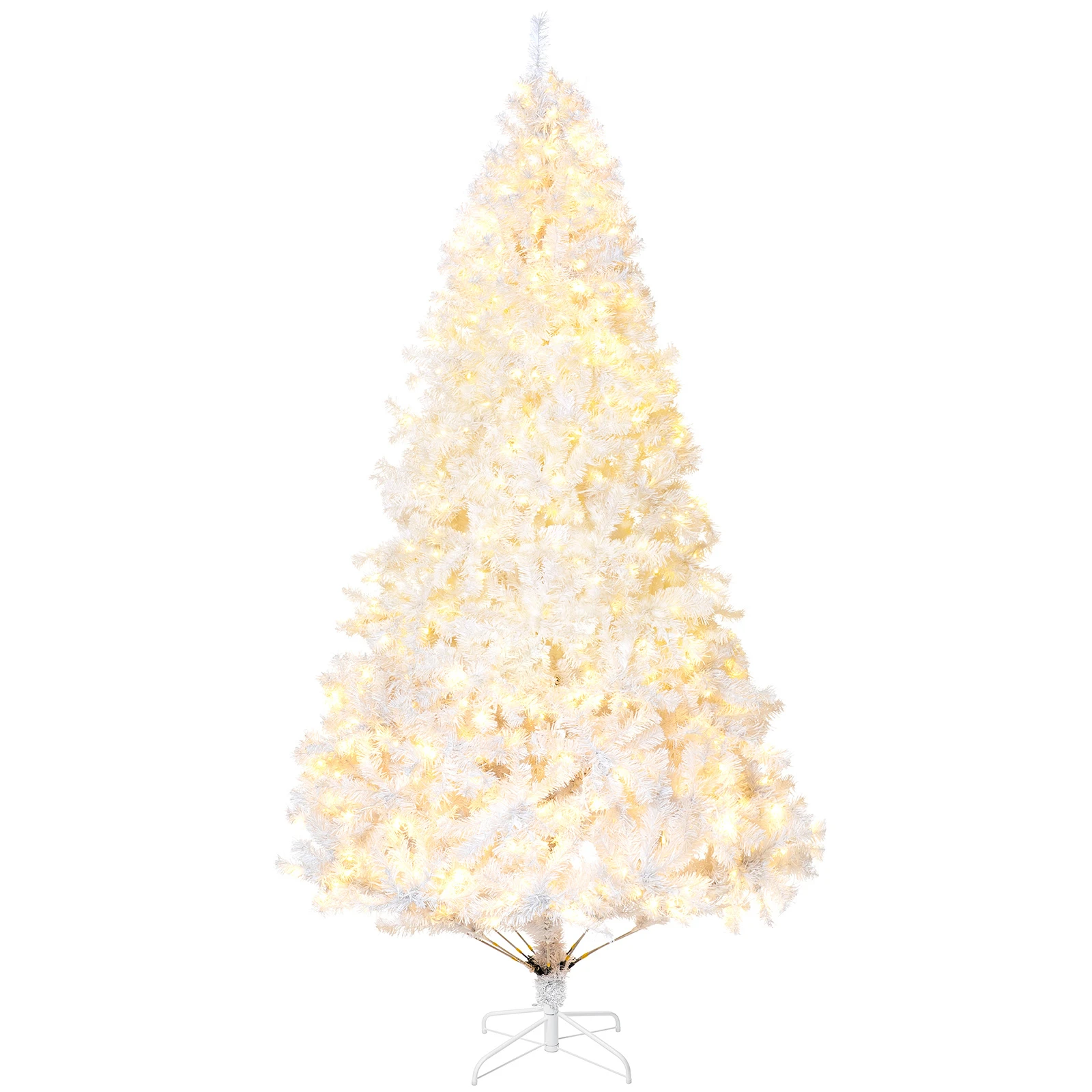 9FT White Christmas Tree With 150cm Metal Stand Base 9 Modes Flashing Warm Light  Wooden Artificial Xmas Tree Holiday Decoration