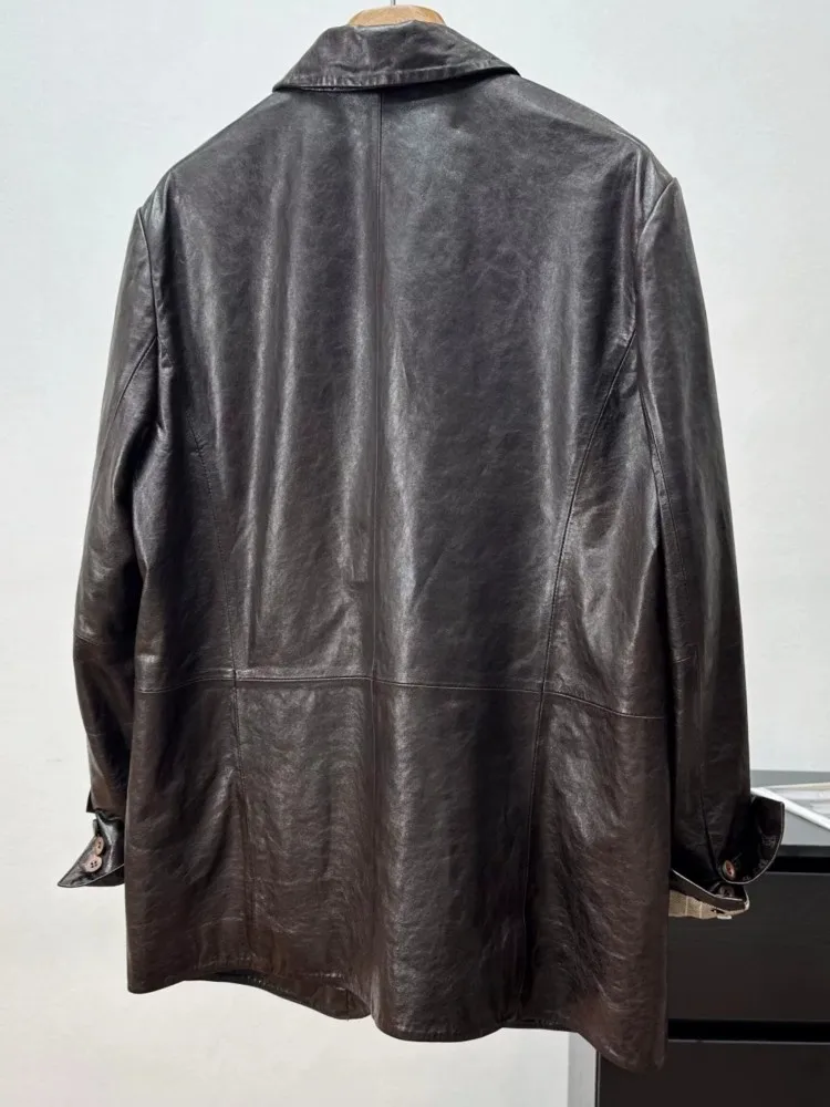 Leisure Ladies Turn Down Collar Genuine Leather Suit Jacket Solid Color Single Breasted Outerwear Fashion Sheepskin Blazer