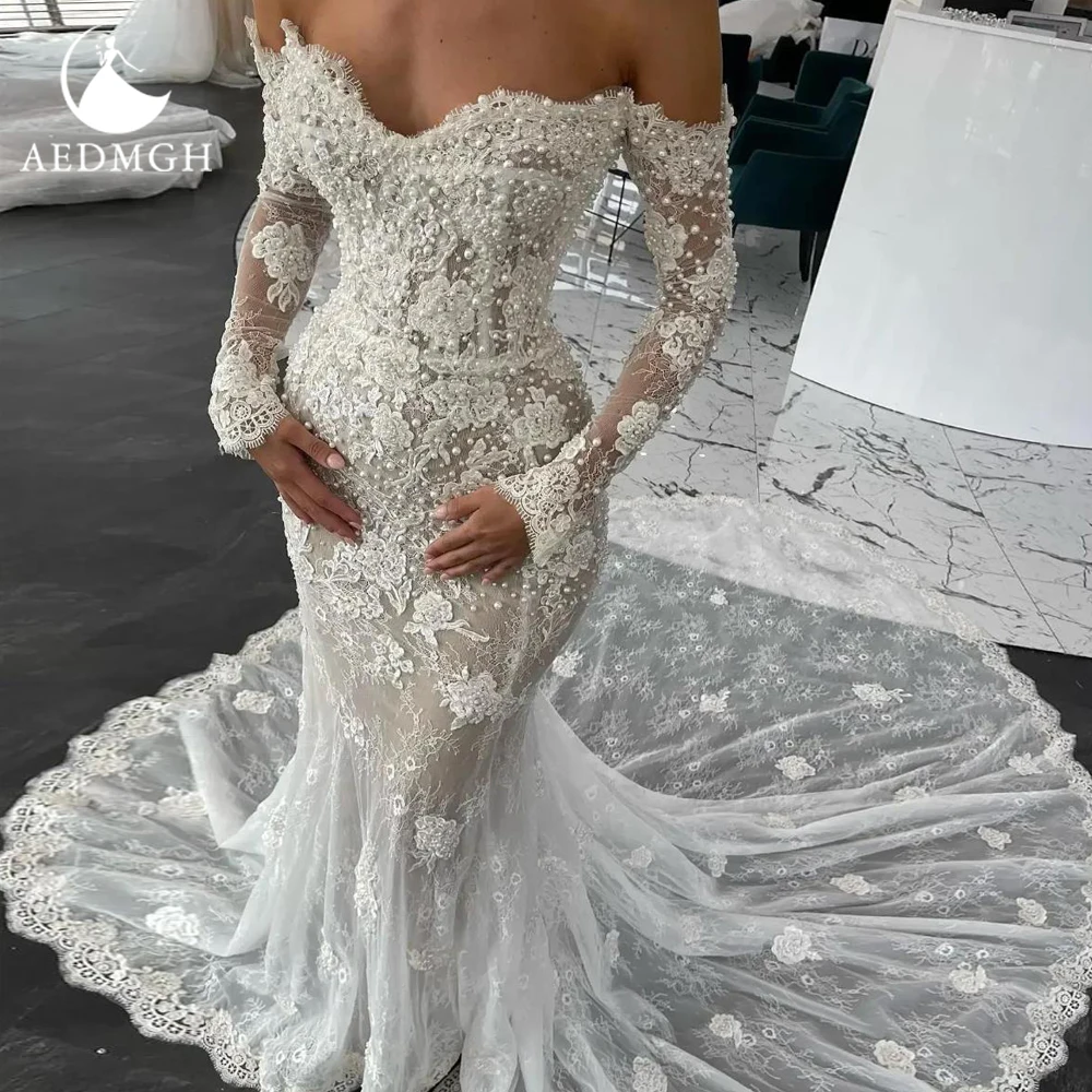 

Сексуальные свадебные платья Aedmgh Mermaid с открытыми плечами и вырезом в форме сердца, кружевное свадебное платье с жемчугом и бисером, шикарное свадебное платье на заказ