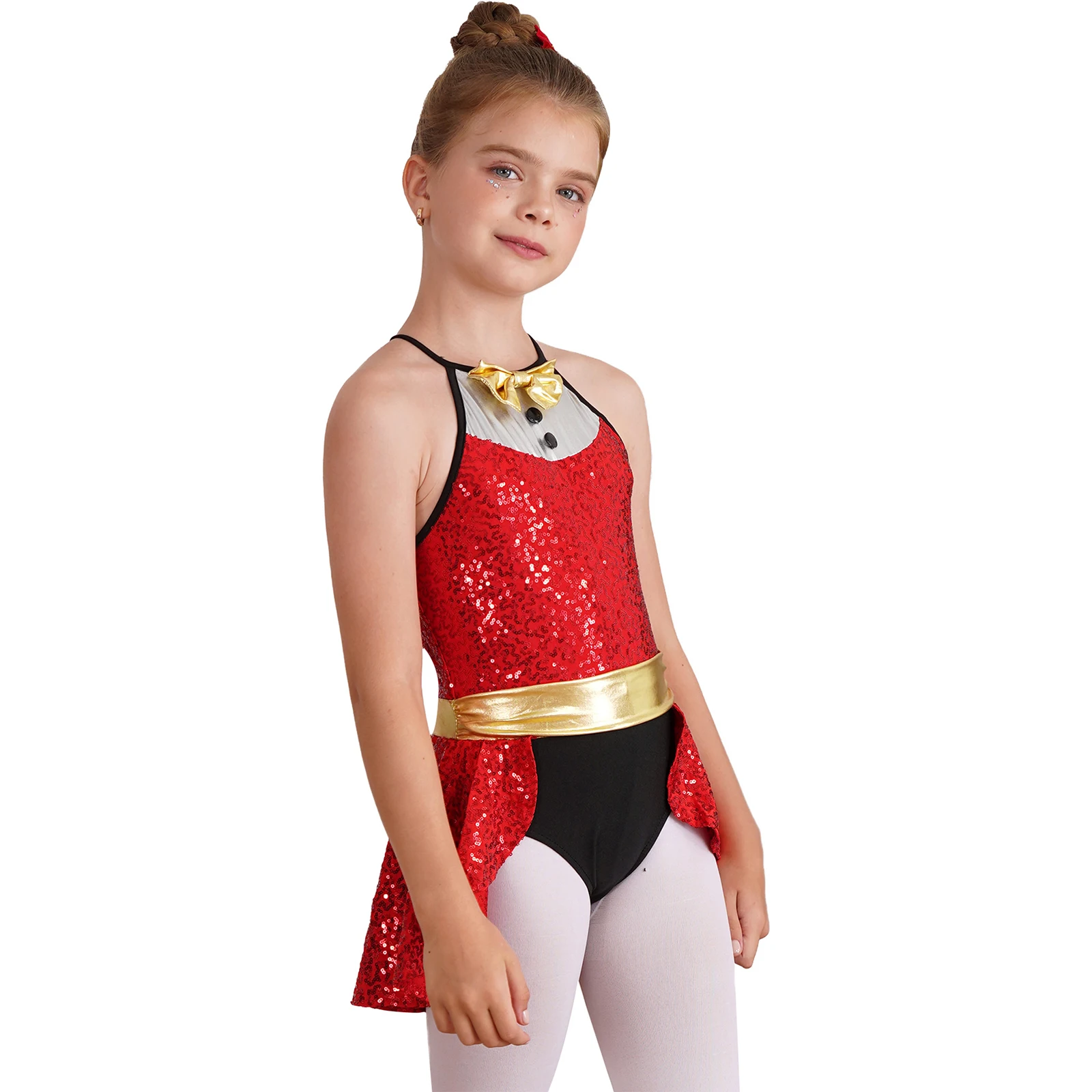 Girls Sparkly Sequins Christmas Costume Halter Bowknot Tutu Dress Leotard for Xmas Ballet Dance Ice Skating Performance