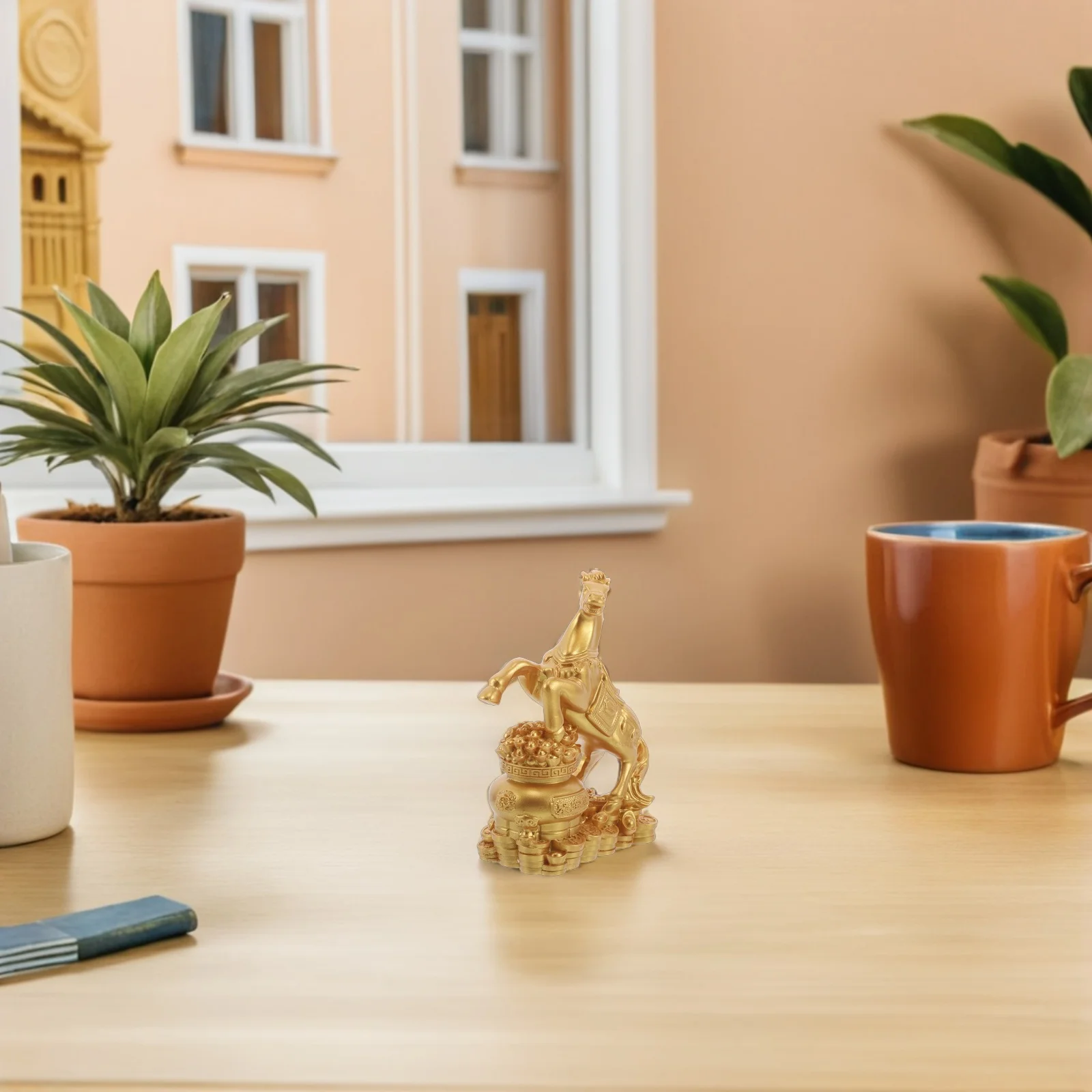 

Chinese Zodiac Horse Sculpture Light Brown Resin Standing Feng Shui Horse Ornament for Desktop Home Decor Prosperity Success