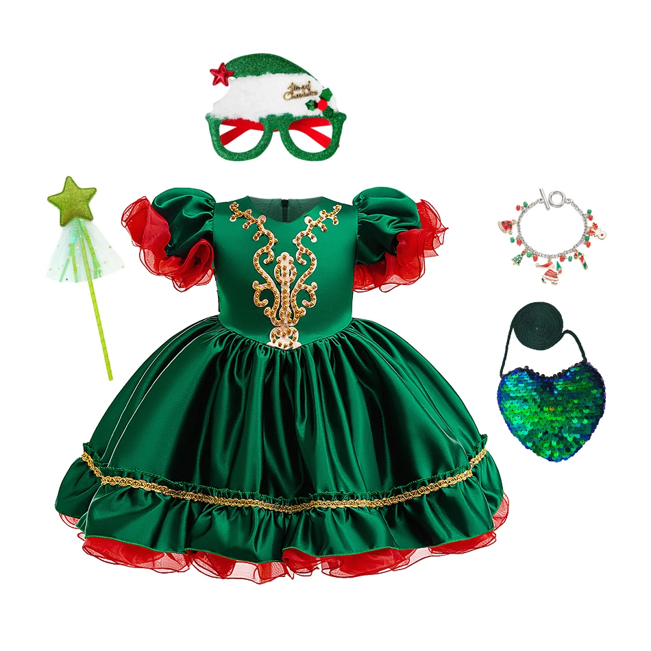 Christmas Princess Dress for Girls Green Satin Gown with Gold Embroidery Red Tulle Sleeves Embroidered Gown for Xmas Ball Party