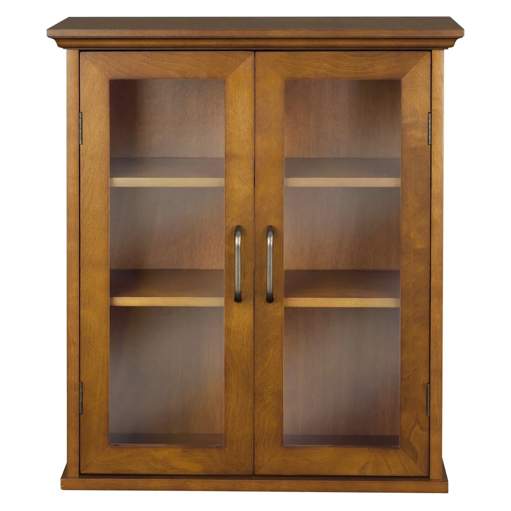 

New Removable Wall Medicine Cabinet with 2 Adjustable Shelves 3 Storage Spaces 2 Glass-Paneled Doors and Antique Brass Knobs