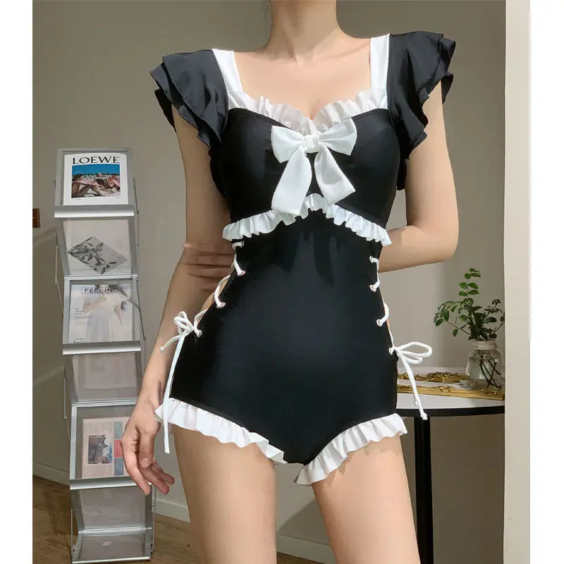 Korean Girl Summer Sweet Bow Ruffles Patchwork High Waist Swimsuit Women Sexy Push Up Slim Beach Wear Bathing One Piece Swimwear image 5