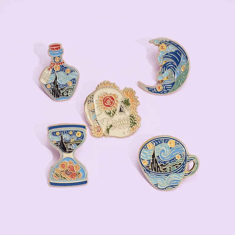 Japanese Style Cartoon Oil Painting Series Art Brooch Moon Sunflower Skull Metal Badge Pin for Friend Gift DIY Bags Hat Clothing
