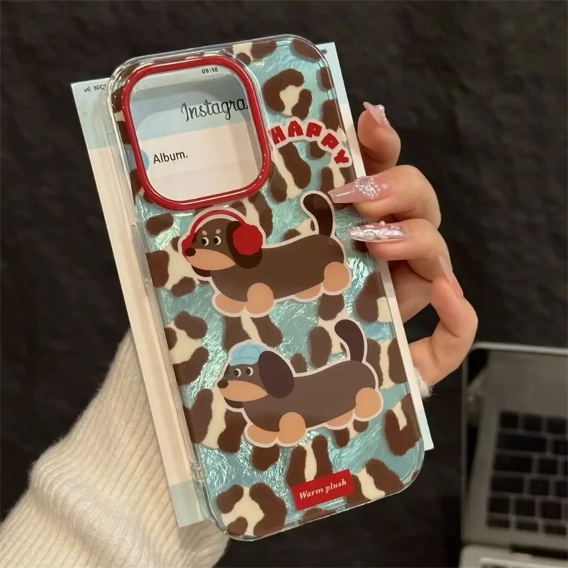 Whirlpool retro blue brown leopard print sausage dog Phone case for iPhone 11 12 13 14 15 16 pro max