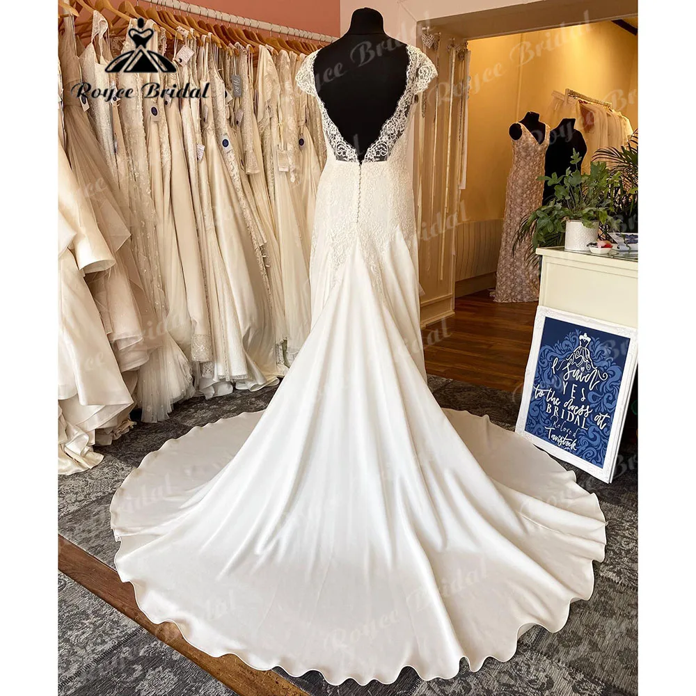 Vestido Novia Mermaid Soft Satin Cap Sleeve Lace Boho Wedding Dress with V Neck 2024 Bride Gown for Women abito da sposa Sexy