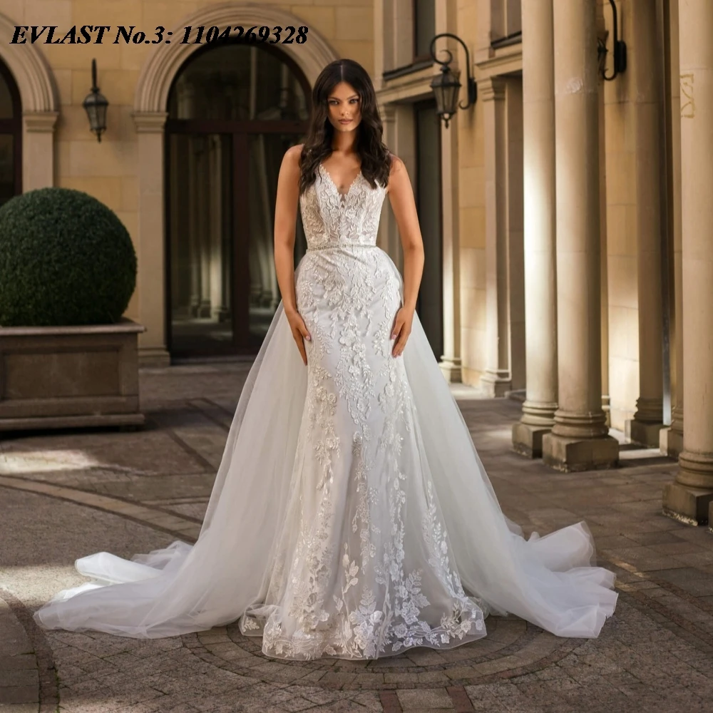 EVLAST Customized Romantic Mermaid Wedding Dress Lace Applique Detachable Train Sexy Women Bridal Gown Vestidos De Novia E3W41
