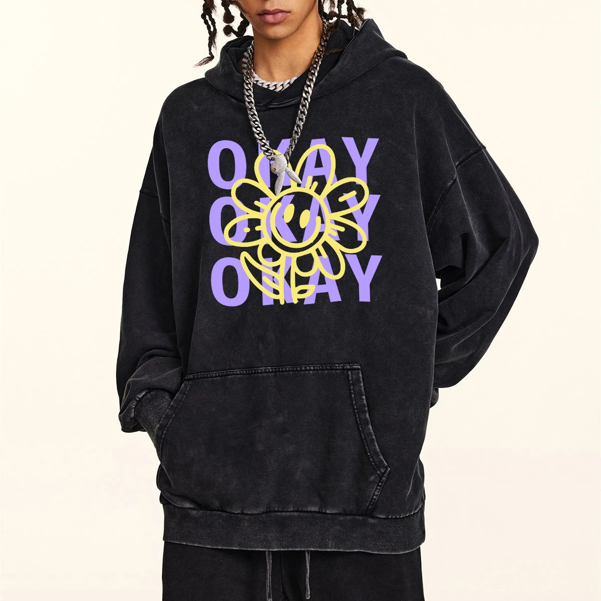 

Cartoon Sunflower Hoodie Men Vintage Washed Hoodies Okay Letter Cotton Pullover Autumn High Quality Hoody Soft Men's Clothing