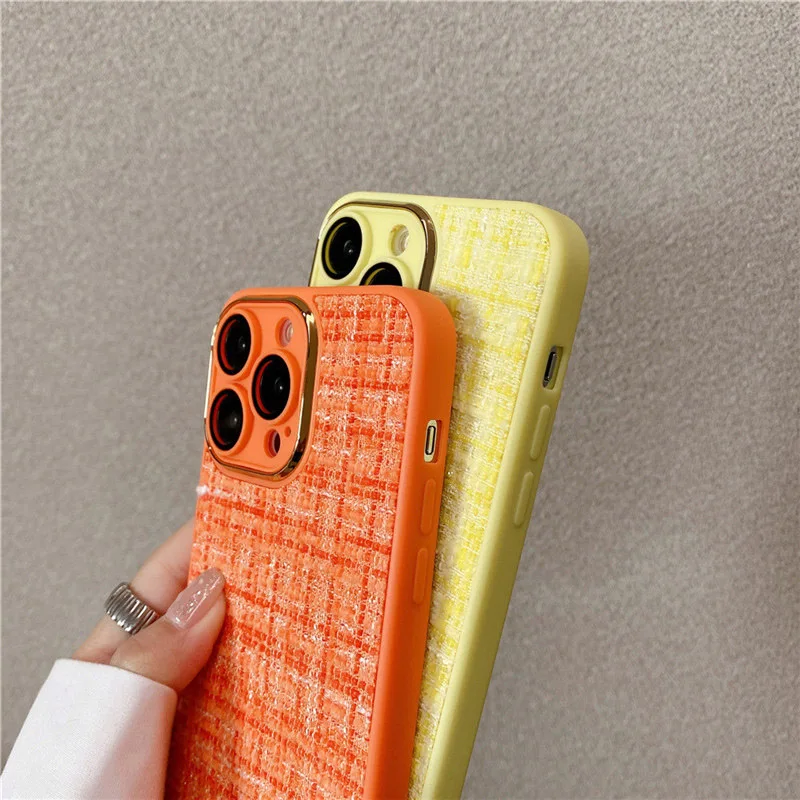 For iPhone 11 12 13 14 15 Pro Max Plus Multi Colored Coarse Woolen Tweed Fabric Lattice Mesh Breathable Shockproof Phone Case