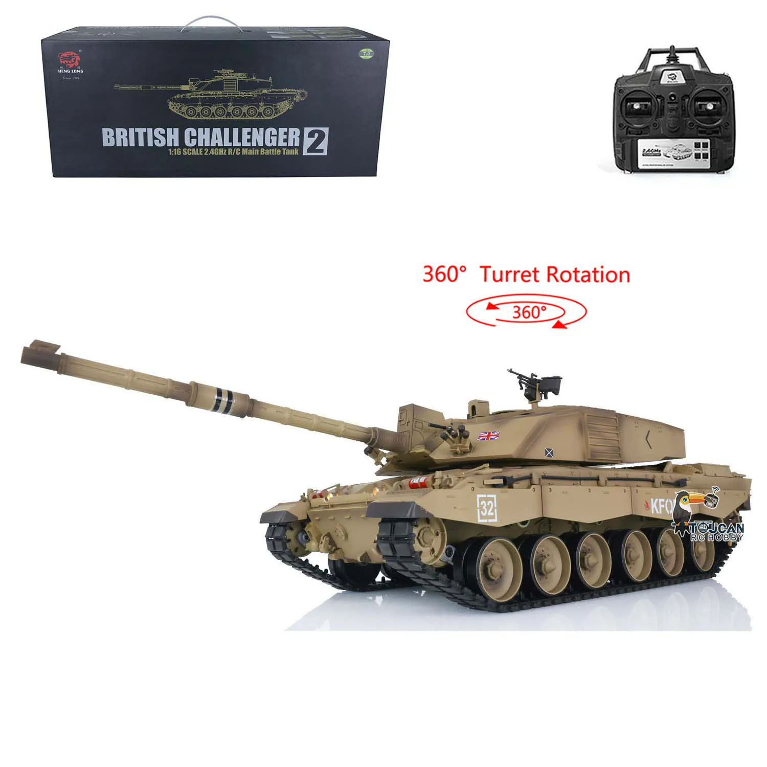 

Henglong 1/16 Scale 7.0 Plastic Challenger II RTR RC Tank Model 3908 360° Turret 2.4G Radio Control Toy TH17735