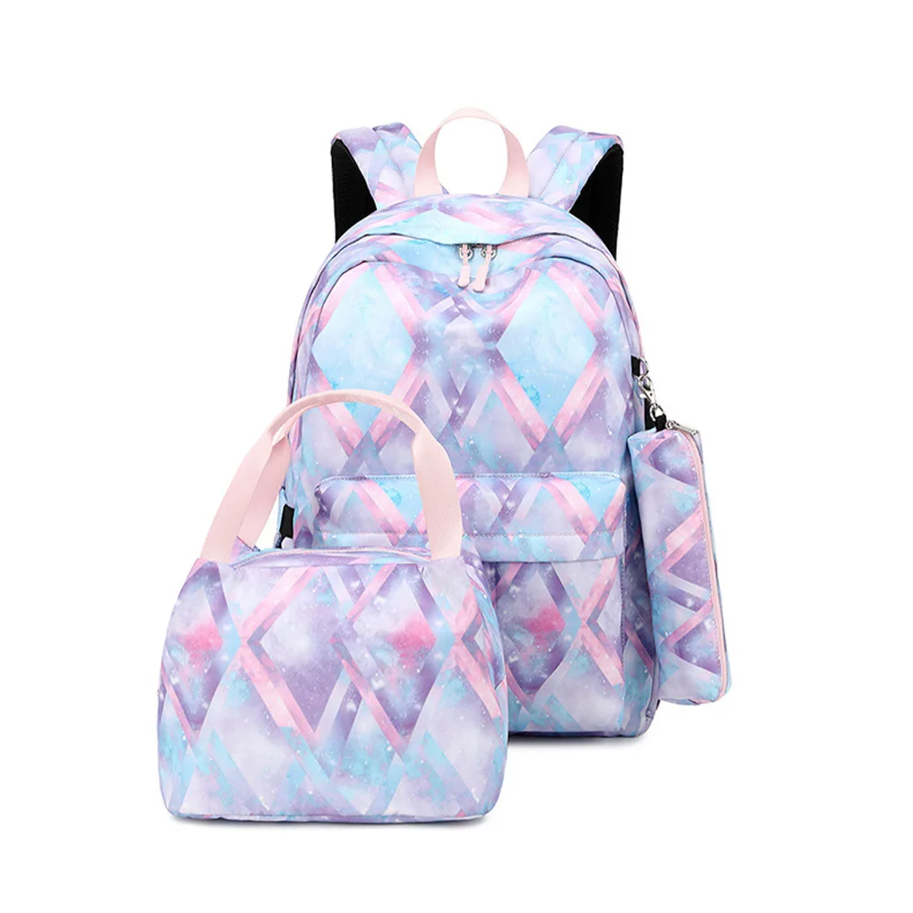 3 Pcs Flower Print Backpack with USB Charger Fashion Teen Rucksack Laptop Shoulder Bags Schoolbag Lunch Bag Gray