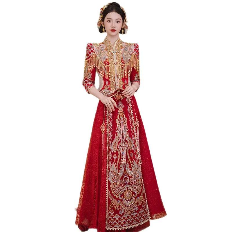 Chinese Traditional Wedding Dress Embroidery 2025 Women Long Cheongsam Xiuhe Bride Vintage китайская одежда