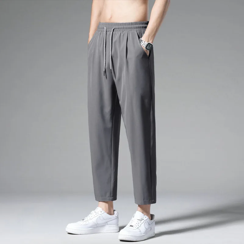 

Summer Thin Ice Silk Casual Pants Men's Straight Leg Loose Nine Points Student Color Wide Leg Casual Trousers