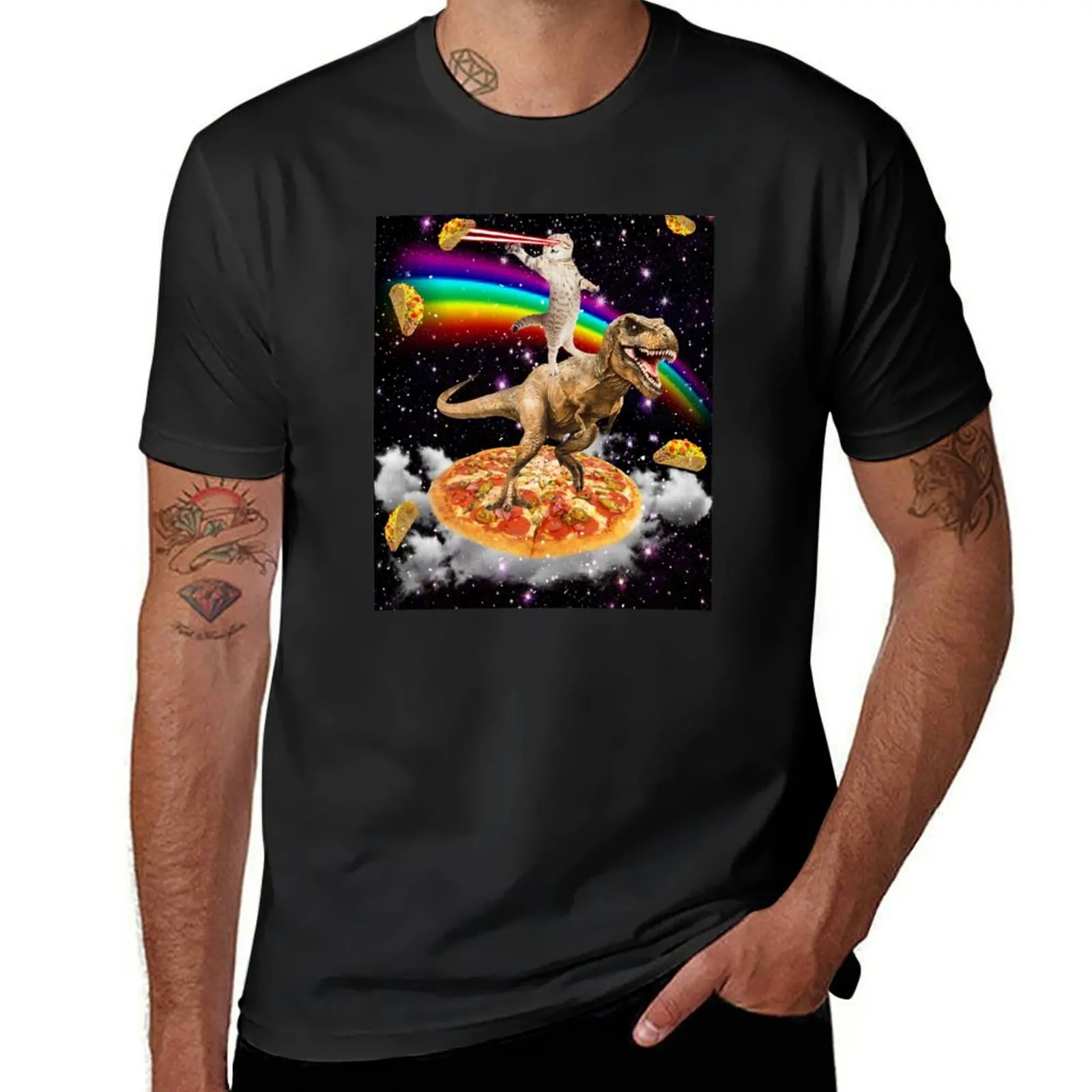 

The ORIGINAL Galaxy Laser Eye Cat on Dinosaur on Pizza with Tacos & Rainbow T-Shirt vintage blacks mens t shirts casual stylish