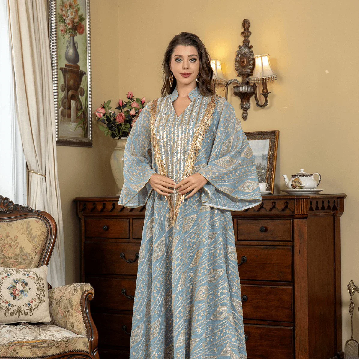 Middle Eastern Muslim Luxury Fashion Evening Dress Saudi Arabia Dubai Ramadan Dress Robe Mesh Embroidered Glitter Elegant