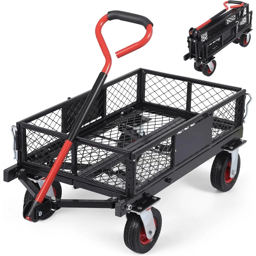 

folding steel garden cart 360lbs, heavy duty yard & garden utility wagon w removable mesh sides, foldable metal utility wagon ca