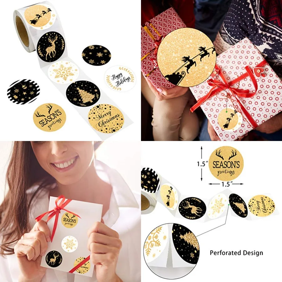 

500PCS Black Gold Christmas Envelope Seals with Faux Glitter for Holiday Card Decoration Ideal for Gift Wrapping Party Invitati