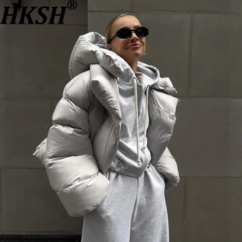 

HKSH 2025, новая зимняя женская короткая стеганая куртка с капюшоном, съемная однотонная универсальная ветрозащитная теплая шикарная ватная куртка HK13464