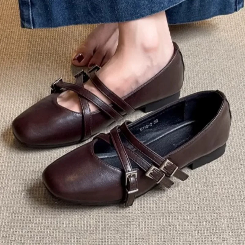 

Fashion Cross Tied Buckle Design Low Heel Pumps Women Retro Brown Square Toe Mary Jane Shoes Comfort Light Soft Sole Casual Shoe