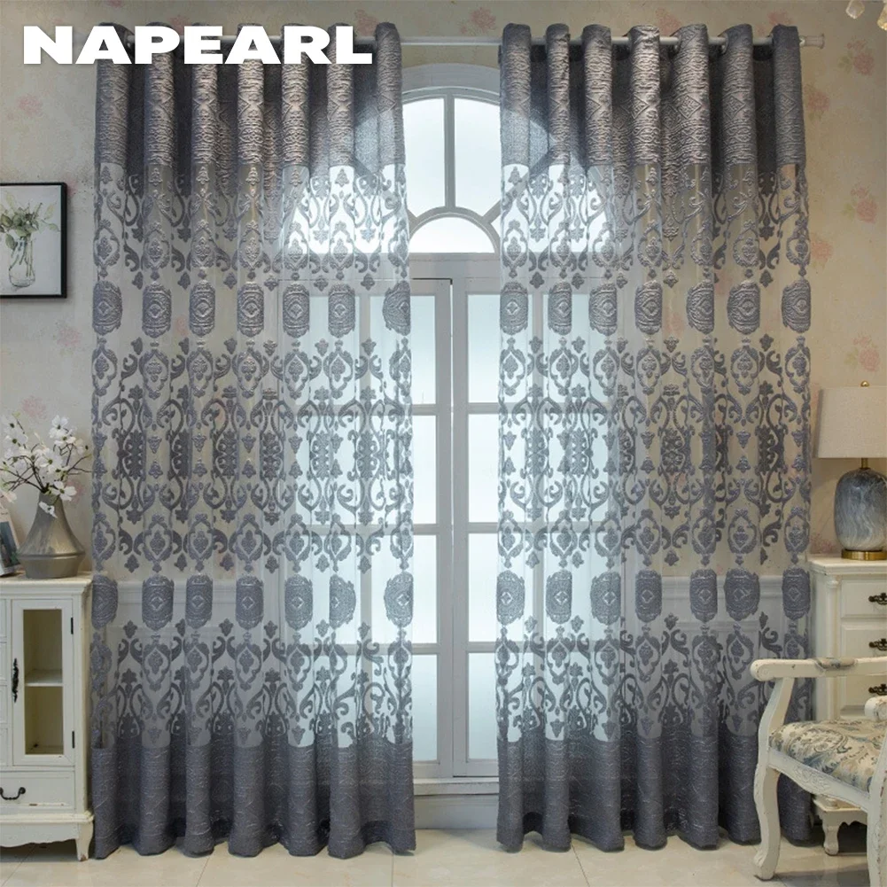 

NAPEARL European Style Jacquard Style Luxury Floral Grey Curtain Shading Tulle Sheer Yarn for Living Room Drapes Home Blinds 1PC