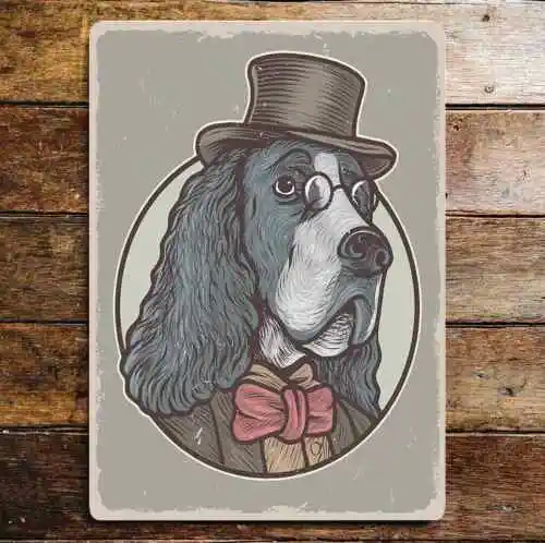 Dog  Portrait Top Hat Bow Tie  Glasses Metal Sign Plaque