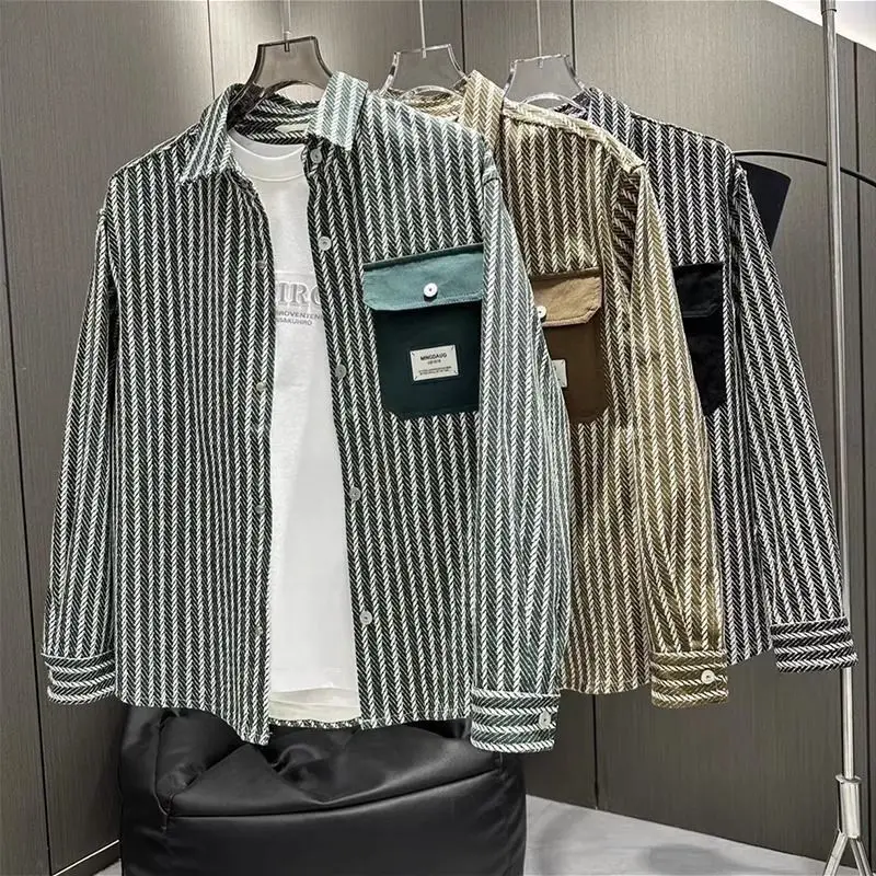 

New Men's Striped Long Sleeved Shirt Fashionable Youth Business Travel Linen Cotton High-Quality Loose Collar Long Sleeved Shirt