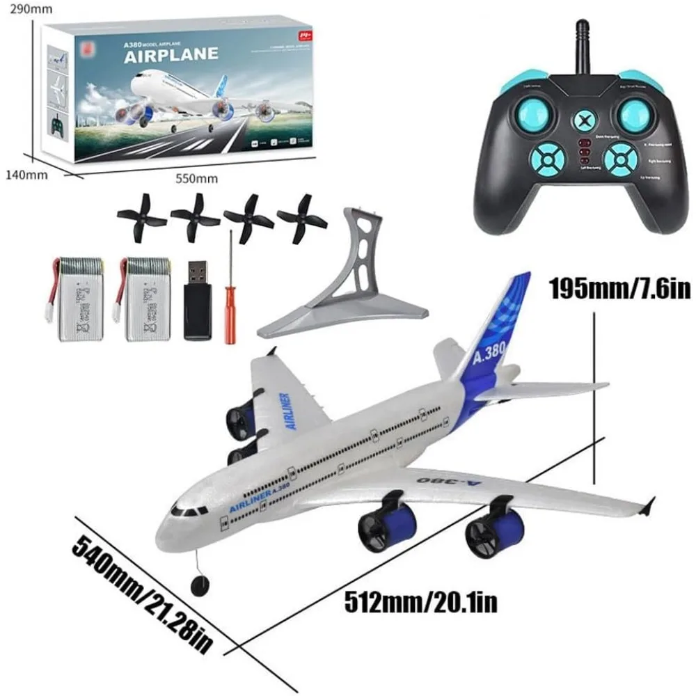 Giocattolo aereo elettrico Airbus A380 telecomandato da 2,4 Ghz con quattro motori, luci a LED e resistenza alle cadute