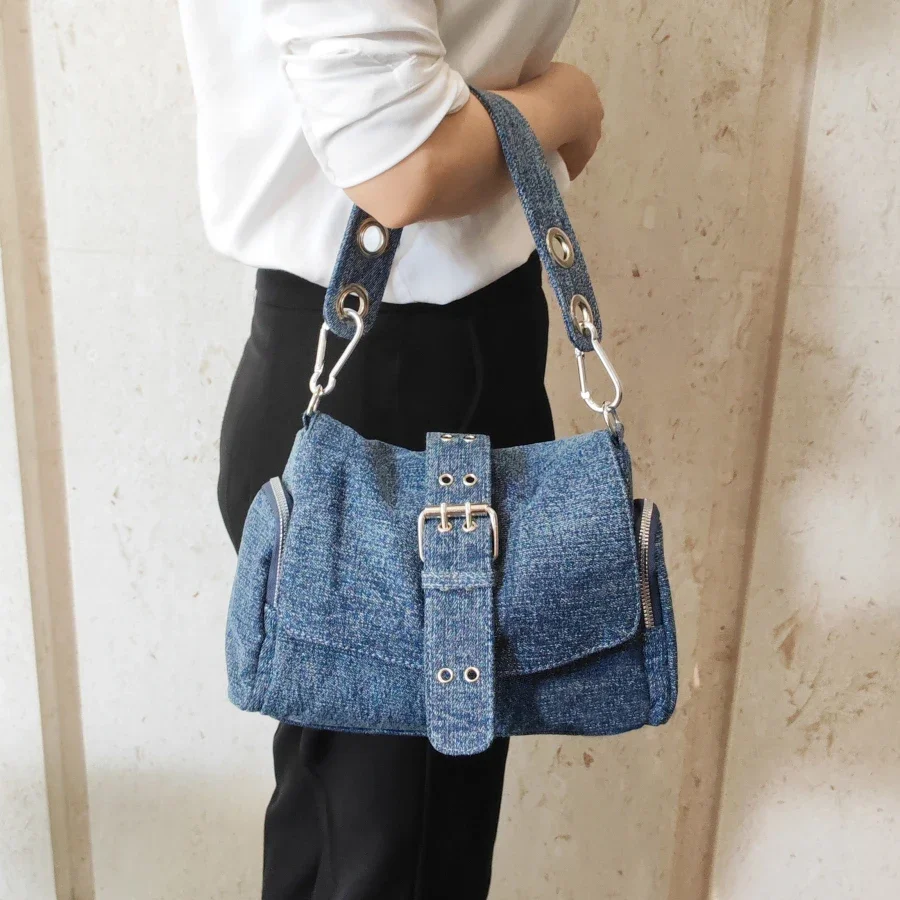 Fashion Rivet ladies Axillary bags Brand design female handbag Light weight blue Denim Women Shoulder Crossbody Bag