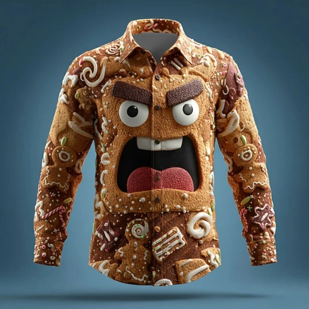 

Рождественская рубашка с длинными рукавами и 3D принтом из мультфильма «Пряничный человечек», рубашка на пуговицах, забавные топы с лацканами на весну и осень