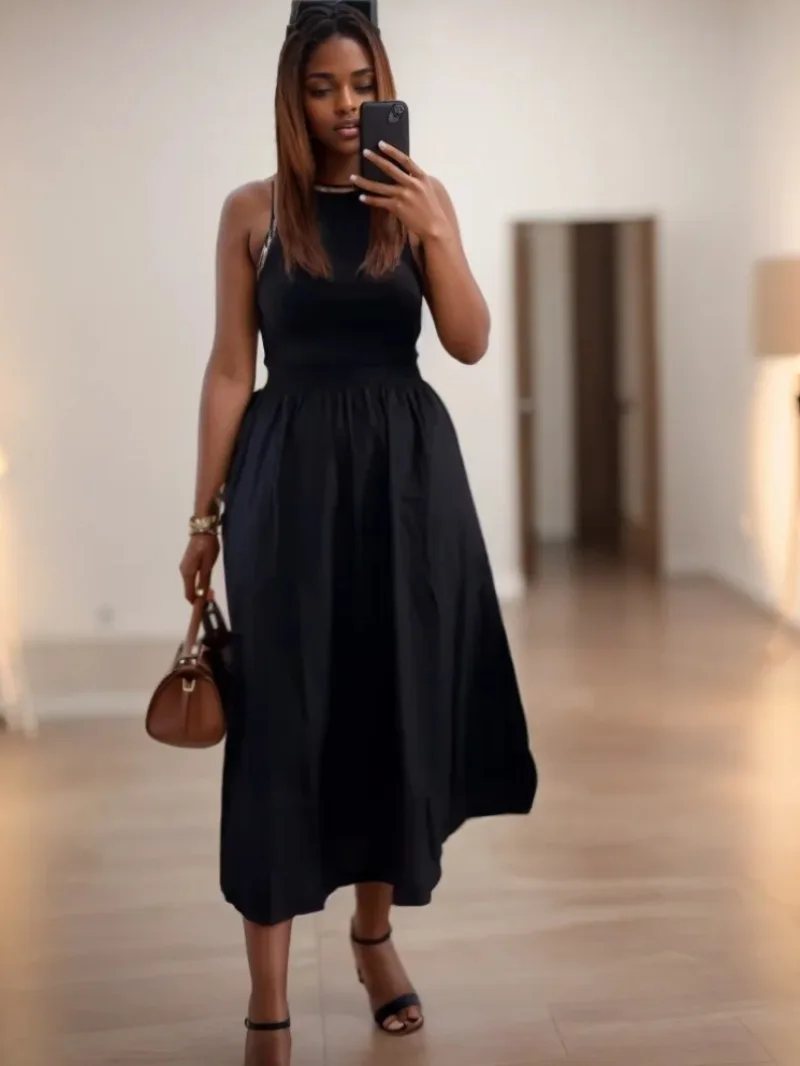 

Long Dresses Summer Women 2025 New Chic Slim Simple Elegant Holiday Dress Street Women Simple Stitching Sleeveless O-neck Dress