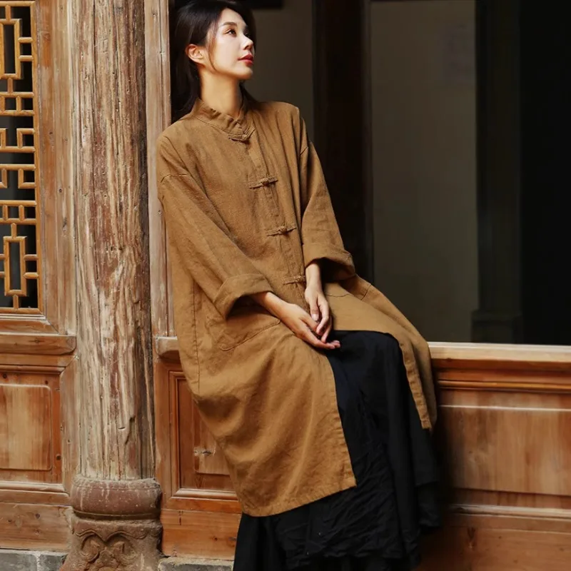 SuperAen Women's Clothing Cotton and Linen 2026 Spring and Autumn New Fashion Chinese Style Button Long-sleeved Cardigan Coats