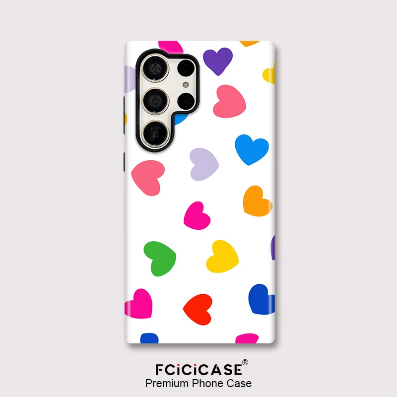 Fcicicase Colorful Love Heart Phone Case For Samsung Galaxy S26 Edge A26 A36 S25 Plus S24+ S23 Ultra A56 2 in 1 Dual Layer Cover