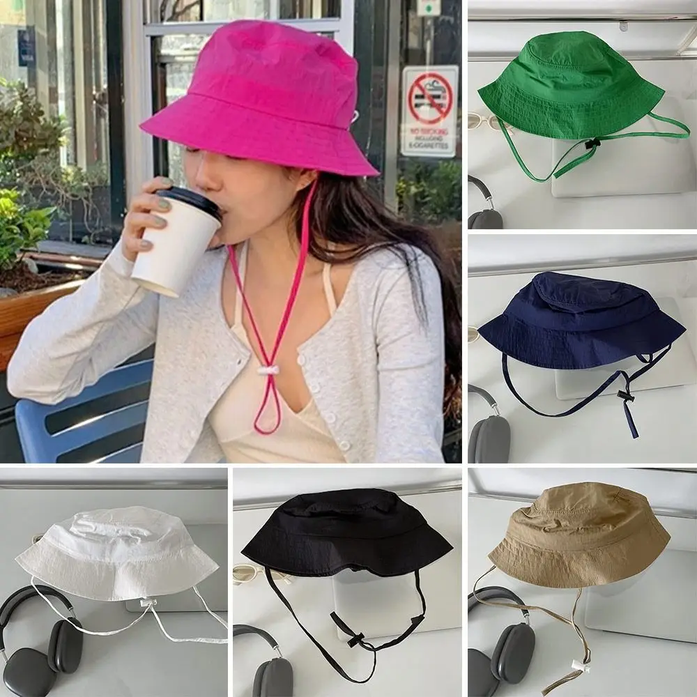 Casual Lace-up Fisherman Hat Solid Color Breathable Sunshade Basin Hat Portable Windbreak Rope Sunscreen Hat Summer