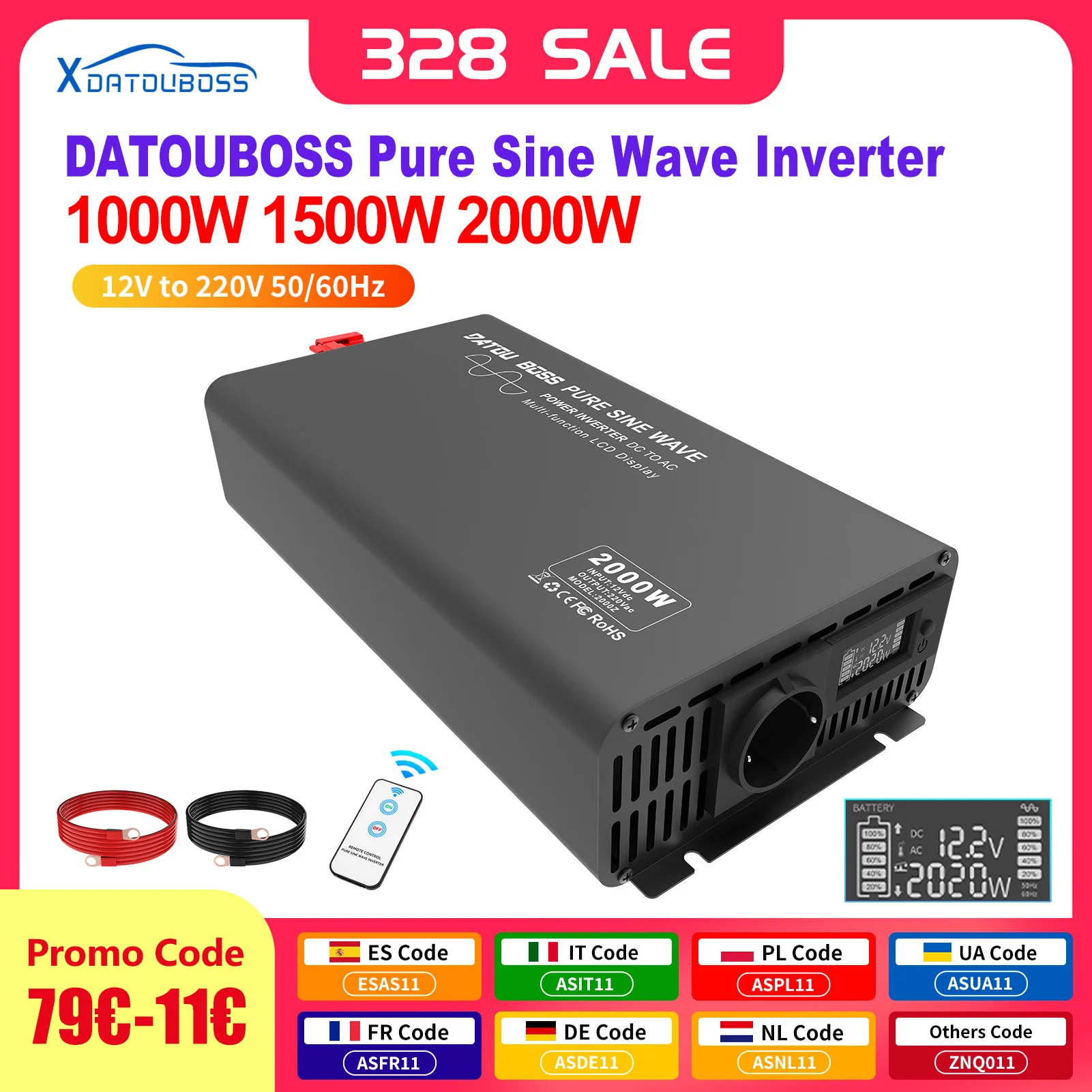 DATOU BOSS Remote Control Pure Inverter 1000W 1500W from 220v to 12v Peak Power 2000W 3000W 50/60Hz LCD Display Fast Delivery