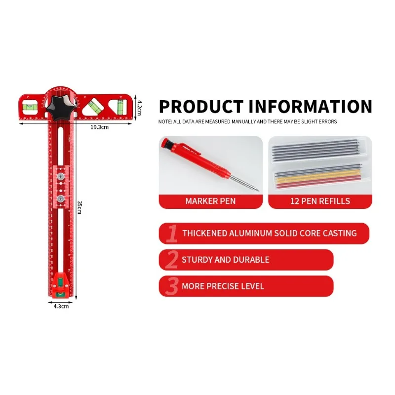 

New Multi-Purpose T-Ruler with Level Aluminum Alloy T-Square Portable Guide Ruler Durable Woodworking Scribing & Marking Tool