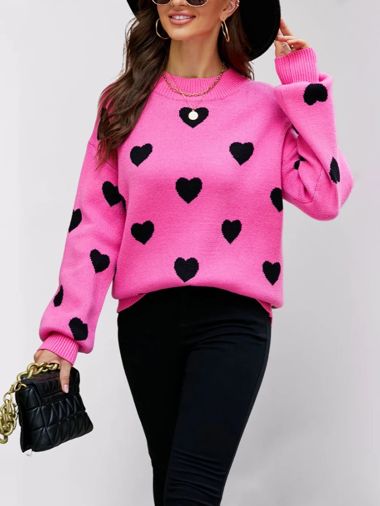 

Осень 2025 г., женский свитер с принтом сердца, пуловер с круглым вырезом, женский свободный джемпер, трикотаж с длинными рукавами-фонариками, женский