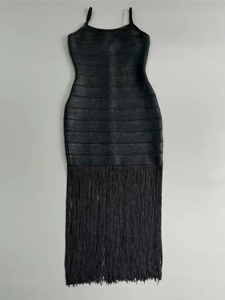Sexy Spaghetti Strap Fringe Patchwork Lange Verband Kleid Frauen Schwarz Ärmellose Quaste Design Dünne Kleider Elegante Abend Party