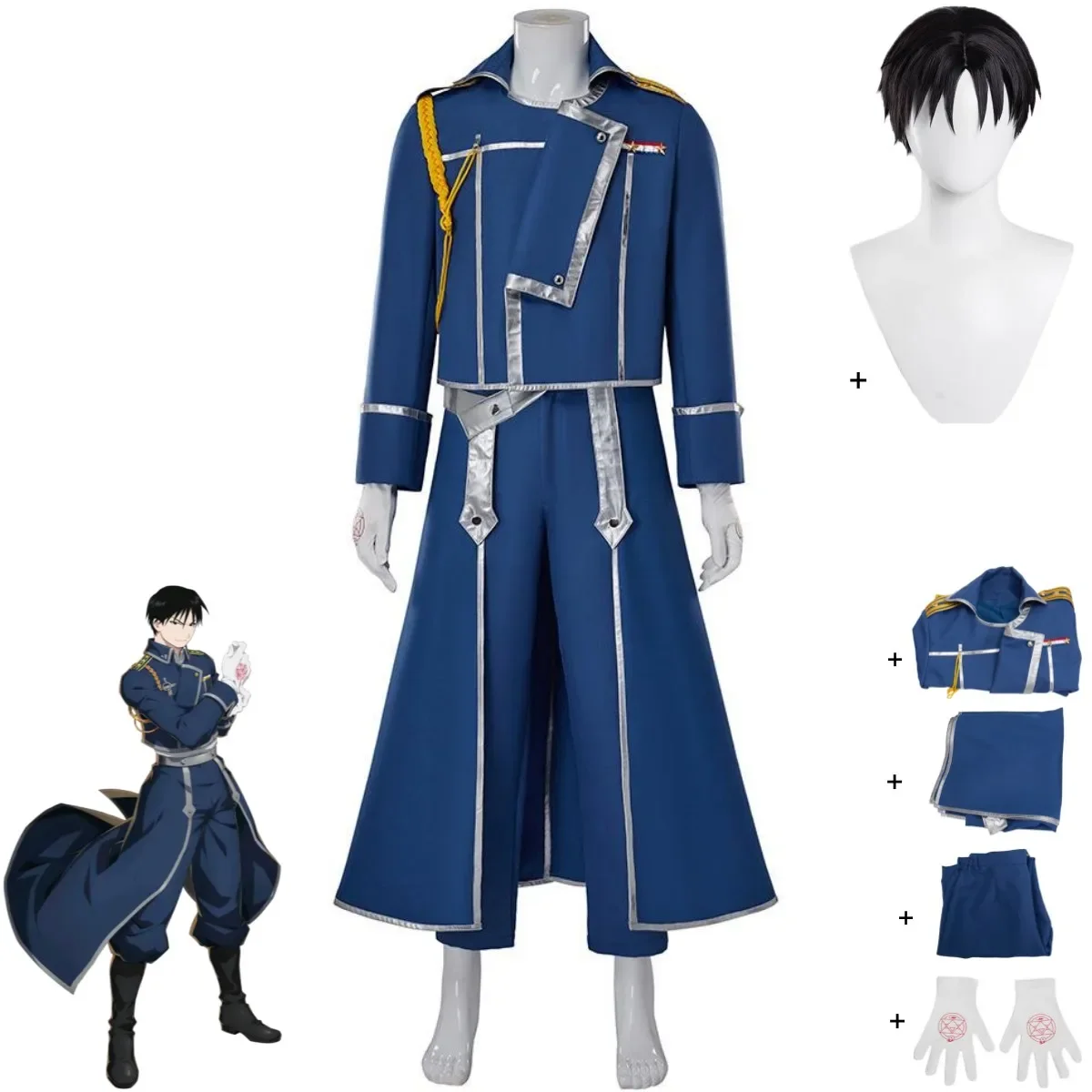 Costume de Cosplay Anime Fullmetal Alchemist Roy Mustange, uniforme militaire de combat bleu, manteau perruque pour homme adulte, Costume de carnaval d'halloween