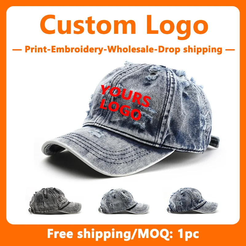 Custom Logo Embroidery Washed Denim Hat for Men and Women Baseball Cap Wholesale DIY Design Print Outdoor Sports Sun Hat