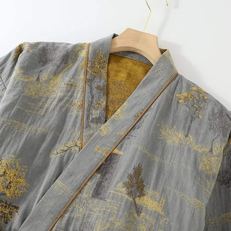 Men Spring Autumn Kimono Robe with Long Pants Pajama Set Cotton Loose Homewear Masculino Soft Loungewear Sleepwear Outfit