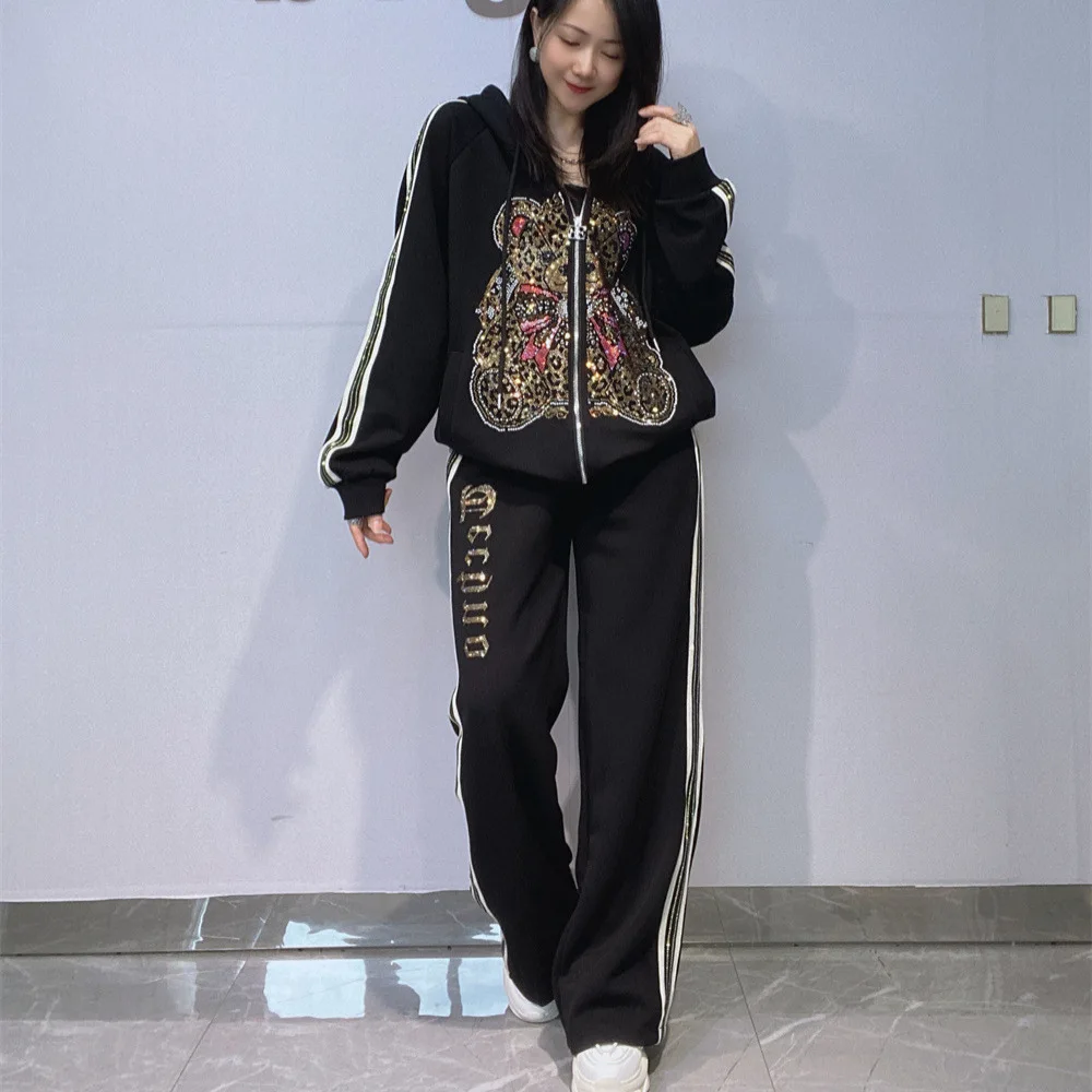 Oversized 2 Piece Sets Womens Outfits Bear Diamonds Autumn Tracksuit Casual Loose Hooded Zipper Cardigan Side Striped Pant Suits