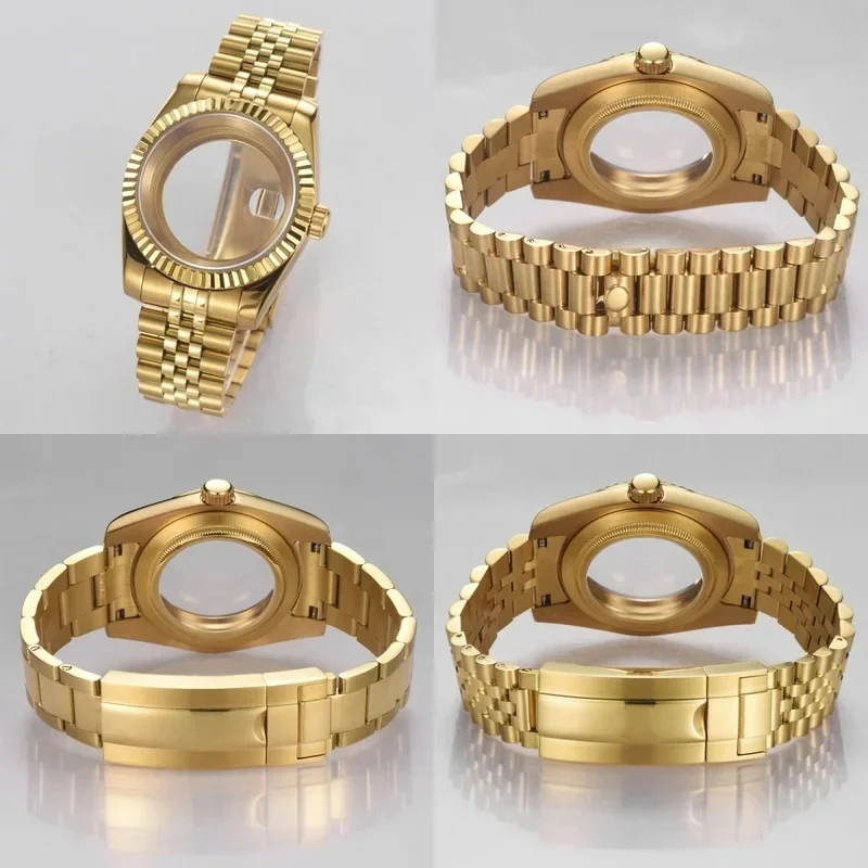 Gold 36mm 39mm Watch Case With President Bracelet Slide Buckle Fit NH35 NH36PT5000 ETA2824 Movement DIY Watch Modification Parts