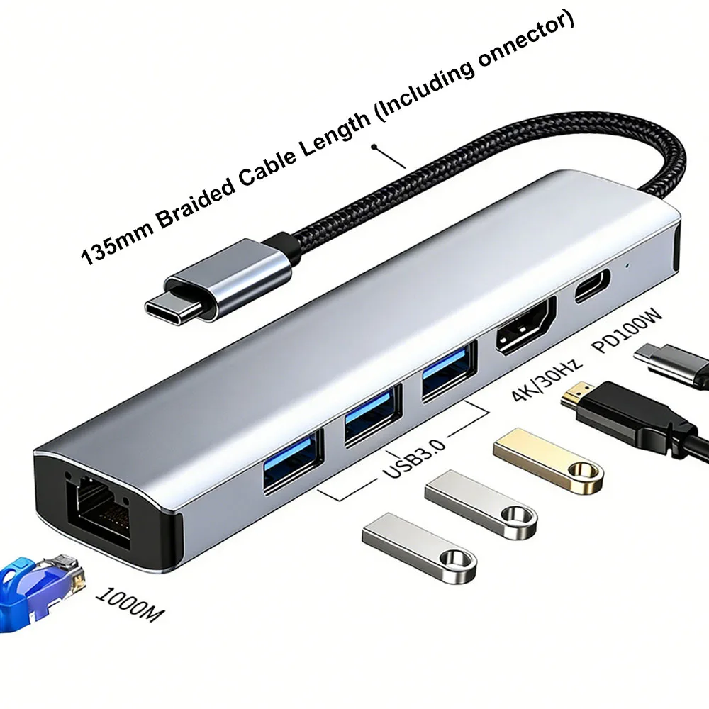 

USB-концентратор 6-в-1 с гигабитным портом RJ45, 3 портами USB 3.0, HDMI-совместимым выходом 4K@30Hz, быстрой зарядкой PD 100W и кабелем 13,5 см для ноутбуков MacBook и Windows