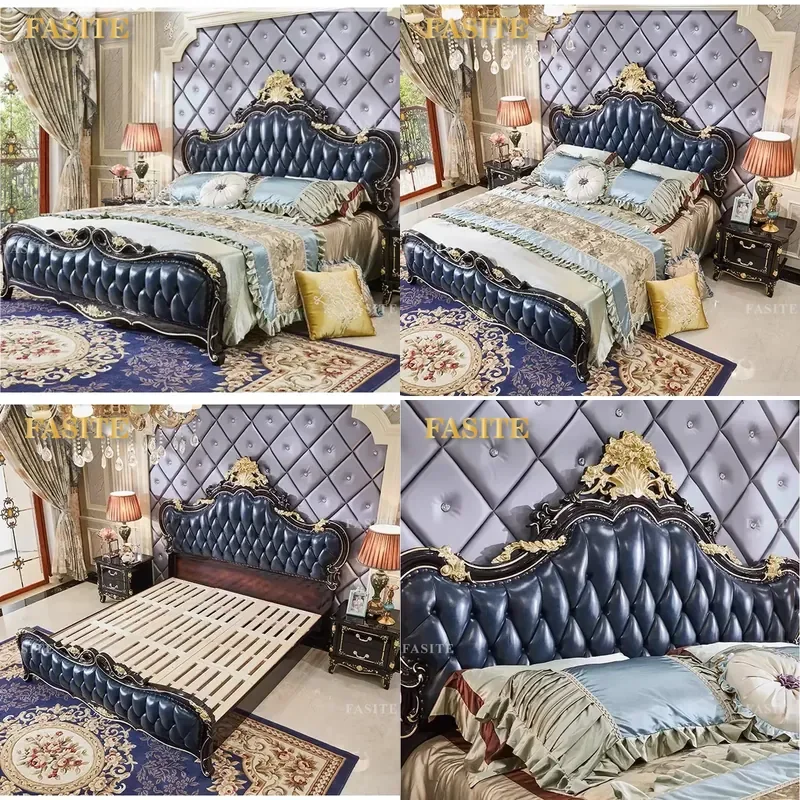 For French Luxury Leather Double Bed Set European Classic Carved Solid Wood Frame Queen King Size Bedroom Furniture Wedding