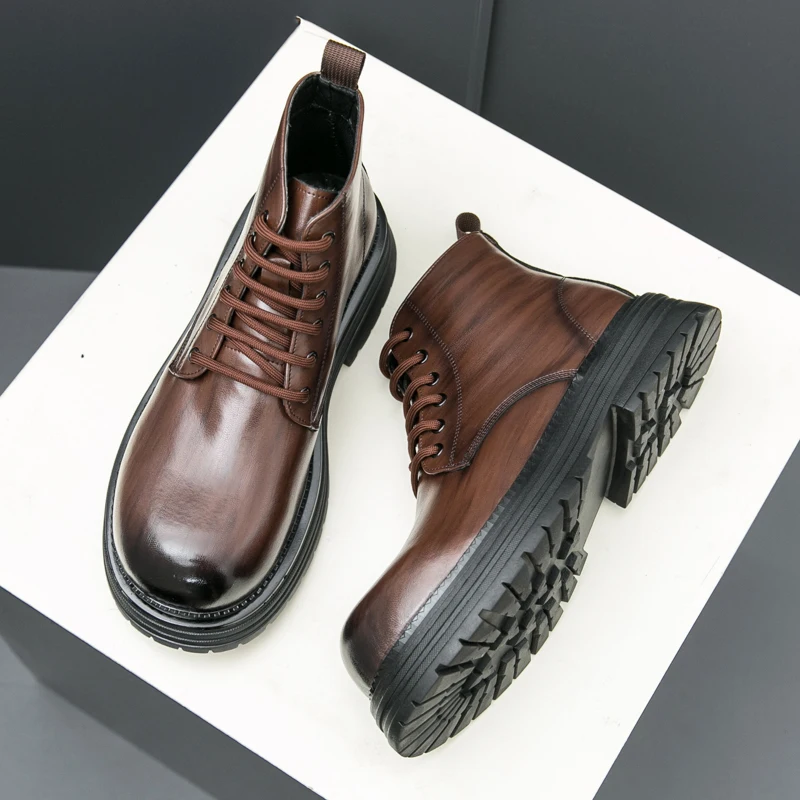 Men Boots Black Brown Thick Soled Durable Leather Shoes European Style Lace Up Business Retro Fashion Chelsea Boots Size 38-45