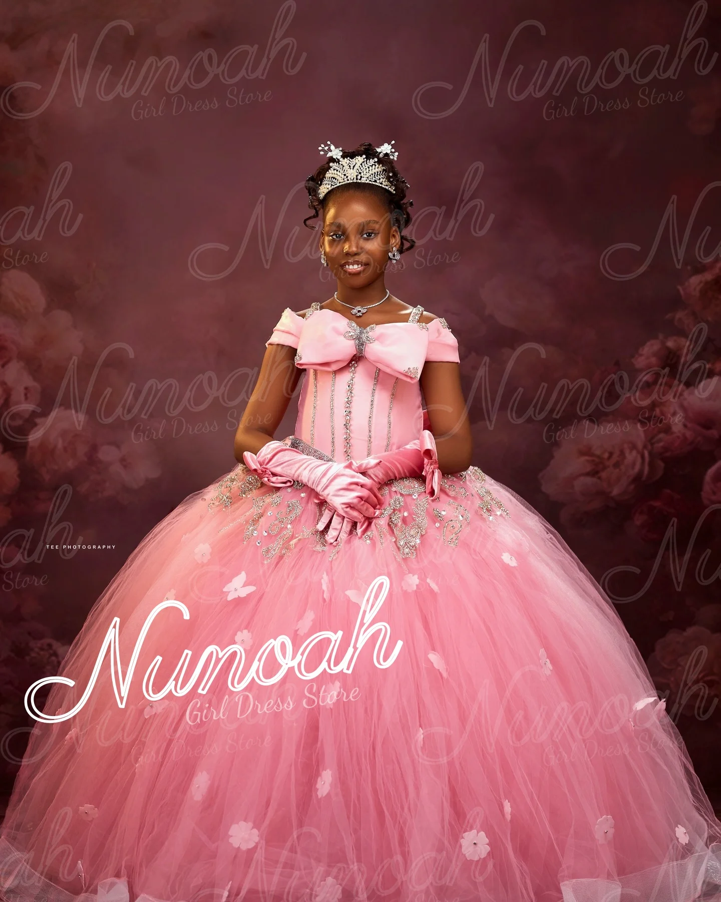 Pink Flower Girl Dress For Wedding with Bows Crystal Princess Girl Birthday Party Floral First Holy Communion Gowns Customized